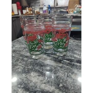 4 Vintage 1970s Libbey Country Garden Glass Tumblers Floral Pink Flowers